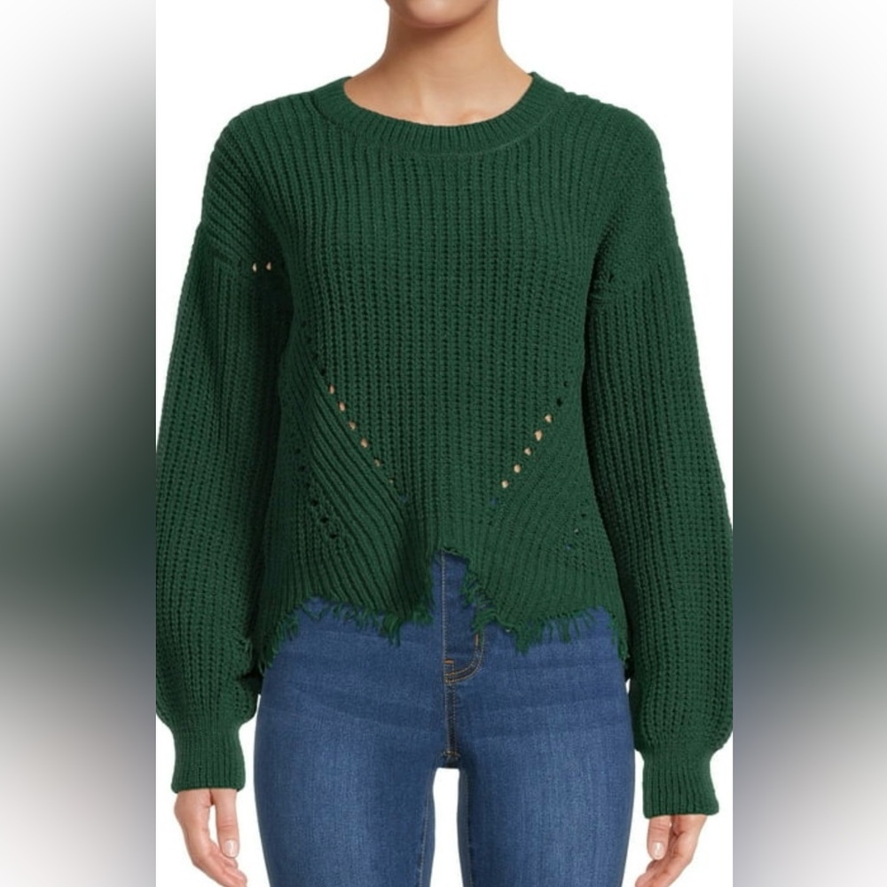 No Boundaries Junior’s Chenille Kelly Green Fringed Women's Sweater Sz L